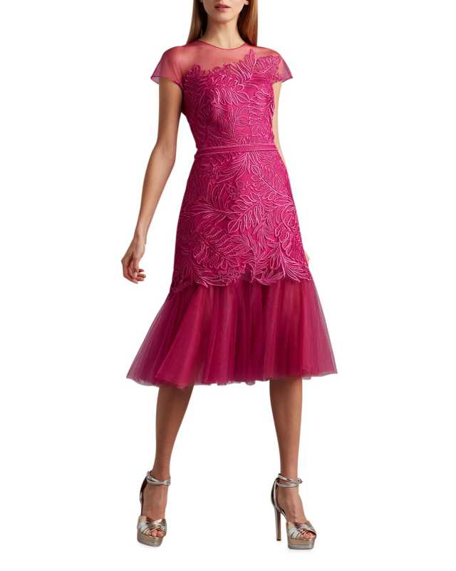 Cap-Sleeve Flare-Hem Embroidered Tulle Dress